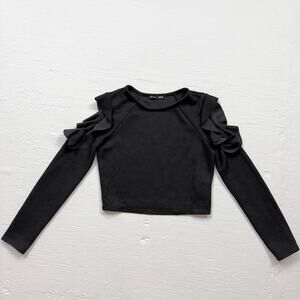 Zara Black Textured Crop Top Ruffle Cutout Shoulders, Size Small